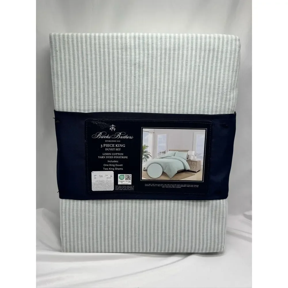 Brooks Brothers King Light Blue White Pinstripe Cotton Linen Duvet Cover Set